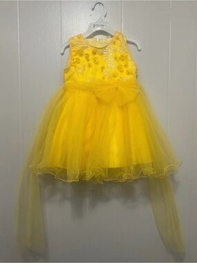 Yellow Sequin Tulle Party Dress with Bow